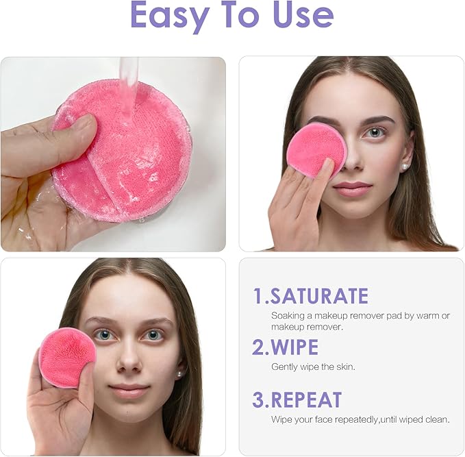 SUNLAND Reusable Makeup Remover Pads for Face,Eye,Lips 16 Pack Microfiber Face Cleansing Gloves Washable with Laundry Bag and Travel Bag Rounds Toner Pads（Round 3.15inchx16 Pink）