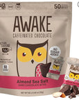 AWAKE - Caffeinated Chocolate Bites - Almond Sea Salt Dark Chocolate (No Sugar Added), 50 Bites - 50mg Caffeine - Energy Bites - Coffee Alternative - Fairtrade, Gluten Free, Non GMO - 0.48oz