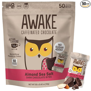 AWAKE - Caffeinated Chocolate Bites - Almond Sea Salt Dark Chocolate (No Sugar Added), 50 Bites - 50mg Caffeine - Energy Bites - Coffee Alternative - Fairtrade, Gluten Free, Non GMO - 0.48oz