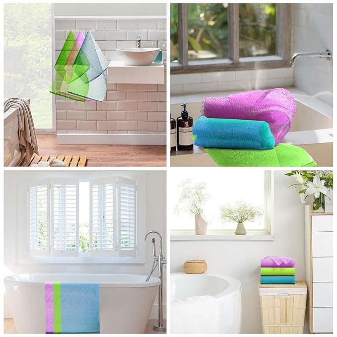 3 Pieces Exfoliating Washcloth Shower Towel African Net Sponge Japanese Wash Cloth Face Exfoliating Sponge Loofah Exfoliating Body Scrubber for Body Exfoliation (Purple,Blue,Green)