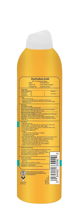 Australian Gold Continuous Spray Sunscreen SPF 15, 6 Ounce, Dries Fast, Broad Spectrum, Water Resistant, Non-Greasy, Oxybenzone Free, Cruelty Free,A70908