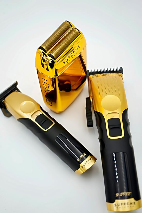 Supreme Trimmer 3-in-1 Barber Bundle | 2Spee Clipper, 2Spee Trimmer & Crunch Foil Shaver | Professional Beard Trimmer Men’s Hair Clipper Kit | (Gold)