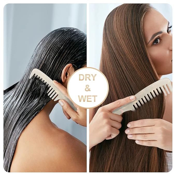 Large Wide Tooth Hair Comb, LADYAMZ [Tortoise Shell] Cellulose Acetate Round Tooth Comb for Straight/Curly Hair,Short/Long Hair Women Men or Kids, Easy Detangling Wet or Dry, Anti-static (White)