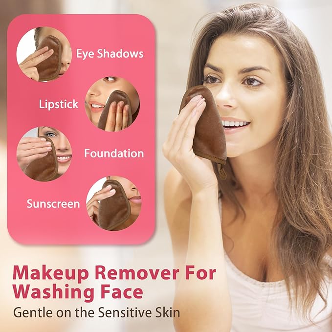 Makeup Remover Cloth, 6" x 6" Make Up Towels Reusable Face Cloth for Washing Face, Makeup Remover Pads Microfiber Face Washcloth with Mesh Bag, Just Water, 12 Pack, Brown