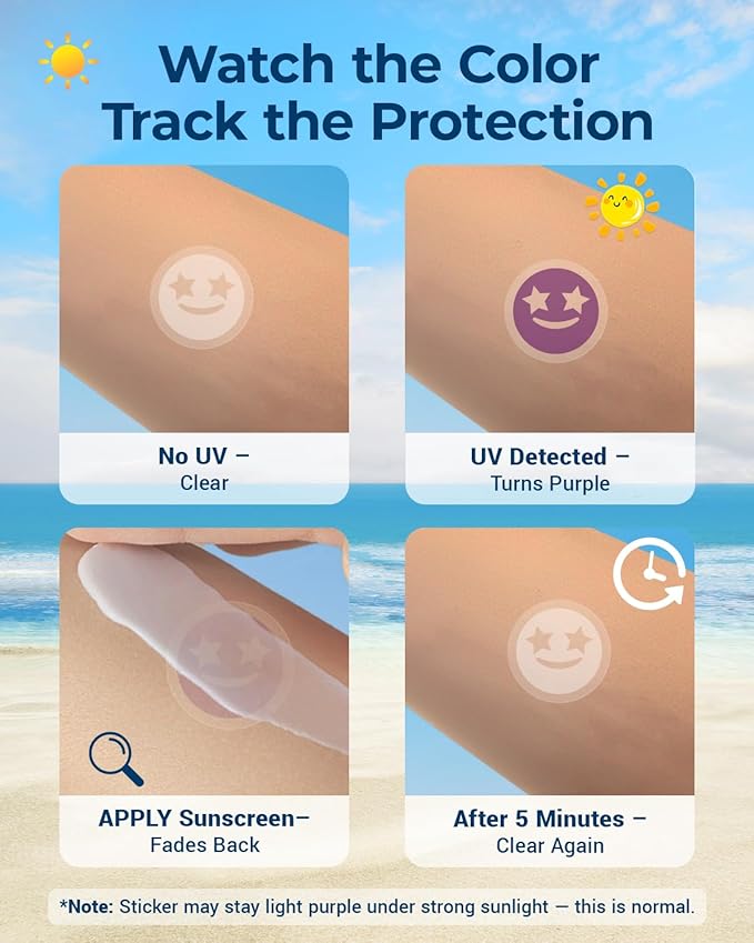 80 Pcs UV Stickers for Sunscreen, Sunscreen Stickers Reapply Reminder Know When to re-Apply Sunscreen, UV Detection Stickers Waterproof, Sunny UV Patches Reminder, SPF UV Spots for Kids (Emojis Style)