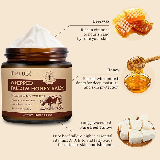 Organic Beef Tallow for Skin, Tallow Face Moisturizer, Tallow and Honey Balm, Grass-Fed Whipped Beef Tallow and Honey Cream, Deeply Moisturizing for Face & Body, Suitable for Dry & Aging Skin,4.2 oz