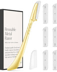 ennva Eyebrow Razor for Women - Eyebrow Trimmer Dermaplaning Tool- Ergonomic Eyebrow Shaper and Facial Razor for Peach Fuzz-Exfoliating Face Razor for Eyebrows-Eye Brow Shaver Razors w/ 7 Blades- Gold