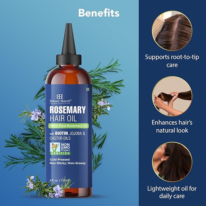 Botanic Hearth 100% Pure Rosemary Oil For Hair Growth | Infused with Biotin, Jojoba & Castor Oil | Hair Oil Repairs Dry Damaged Hair, Strengthening, Healthier - Hair Tonic, 4.0 fl oz