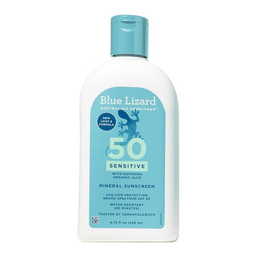 Blue Lizard SENSITIVE Mineral Sunscreen with Zinc Oxide, SPF 50+, Water Resistant, UVA/UVB Protection with Smart Bottle Technology - Fragrance Free, 8.75 oz.