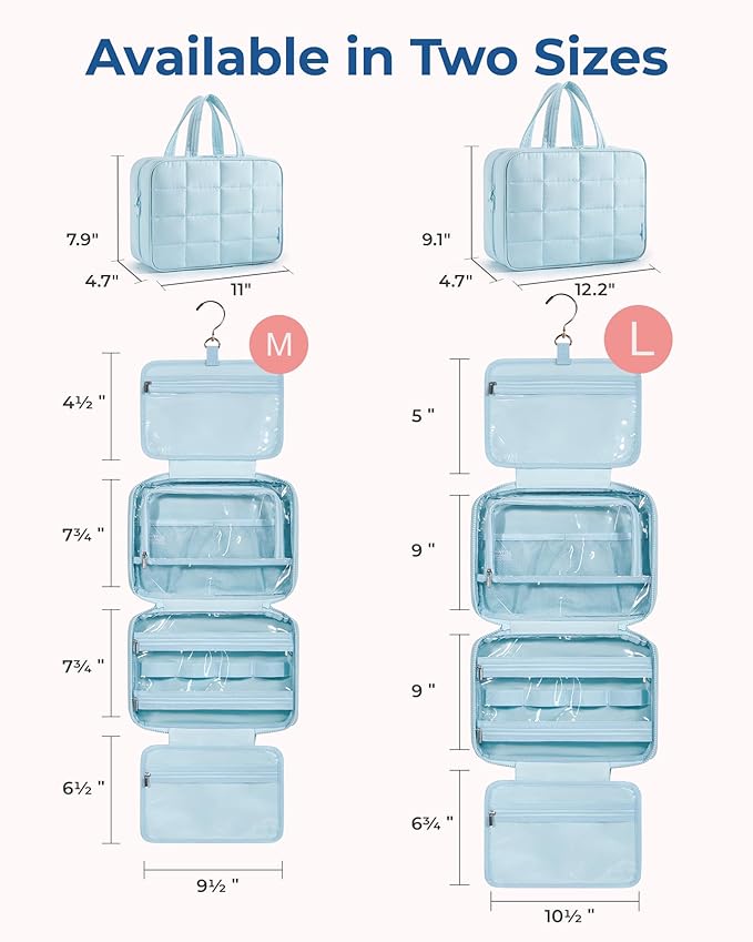 BAGSMART Travel Toiletry Bag with Jewelry Organizer, Hanging Travel Bag for Toiletries, Puffy Makeup Cosmetic Bag Organizer, Carry-on Travel Accessories Essentials, Light Blue-L
