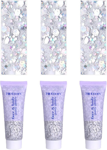 Face Body Glitter, Hair Glitter Sparkles Chunky Face Glitter Gel for Girls Makeup Singer Concerts Mermaid Festival Sequins Face Paint (3pc Silver)