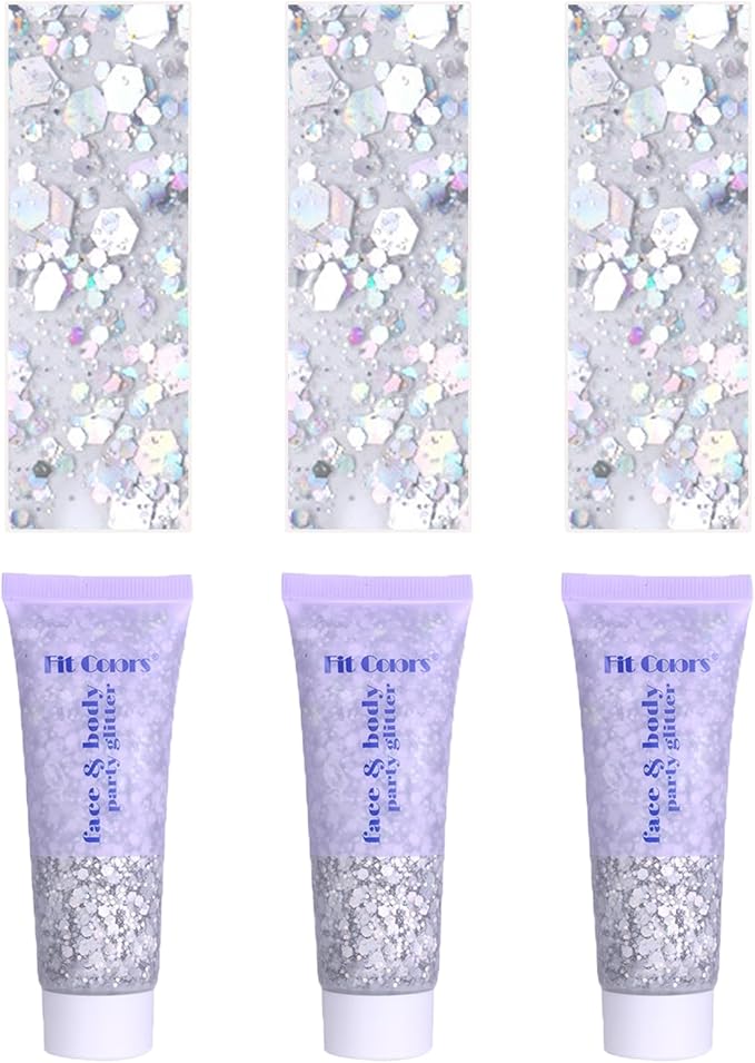 Face Body Glitter, Hair Glitter Sparkles Chunky Face Glitter Gel for Girls Makeup Singer Concerts Mermaid Festival Sequins Face Paint (3pc Silver)