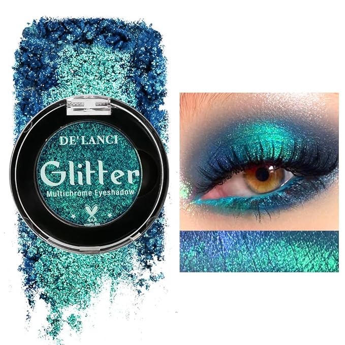 DE'LANCI Duo Chrome Green Eyeshadow Single, Multichrome Green Glitter Eye Shadow Intense Pigmented, Metallic Emerald Shimmer Blue Peacock Teal Eyeshadow for Festival Everyday Eyes Makeup, Long-Lasting