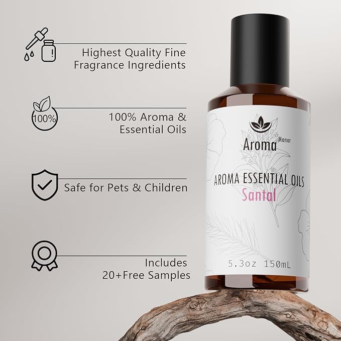 Santal Essential Oil Blend Inspired by Santal-33 Perfume – Luxury Hotel Scented Aromatherapy Diffuser Oil for Home – Sandalwood, Violet, Cedar – for Ultrasonic Diffuser, Humidifier, Reed – 150ML