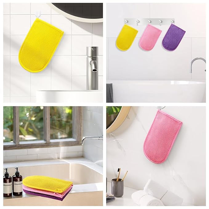 3 Pieces African Net Sponge Exfoliating Mitts Exfoliator Gloves Visibly Lift Away Dead Skin, Great for Spray Tan Removal or Keratosis PilarisExfoliating Mitts (Pink,Yellow,Purple)