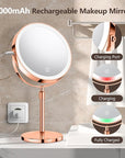 10X Large Lighted Makeup Mirror, Rechargeable 8" Height Adjustable Vanity Mirror, 1x/10x Magnifying Mirror with 3 Color, Brightness Adjustable, 360° Rotation Double Sided Mirror, Ideal Gift(Rose Gold)