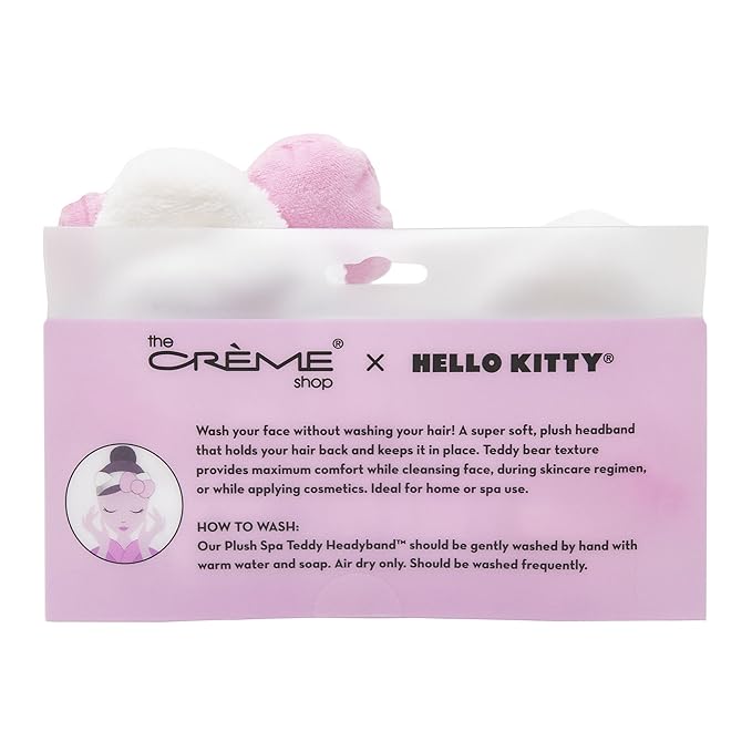 The Crème Shop Plush Spa Headband w/Hello Kitty's Signature Bow, Spa Headband for Washing Face, Skincare Headbands, Soft & Fluffy Headbands for Women (Pink)