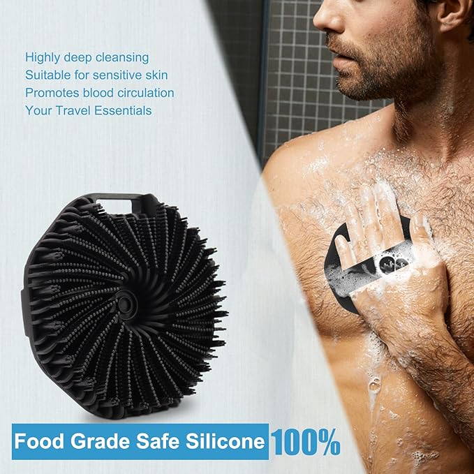 Silicone Body Scrubber, Body Wash Scrubber, Shower Scrubber for Body, Non-Slip Handle for Easy Cleaning, Travel Friendly (Black)