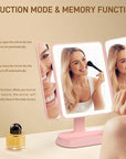 Rechargeable Trifold Makeup Mirror with Lights, 1X/3X/5X Magnification, Cordless 3-Color LED Vanity Mirror for Travel & Desk, Up to 20H Use, Ideal Gift for Women & Teens - Pink