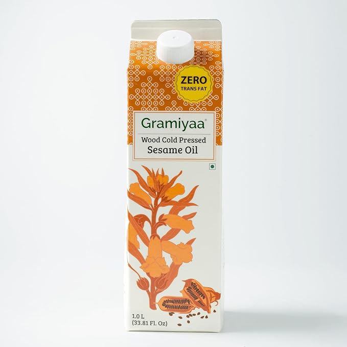 Gramiyaa Cold Pressed Non Toasted Sesame Oil for Cooking | 33.81 FL OZ (1L) | 100% Raw, Chemical Free, Wood Pressed Sesame Oil