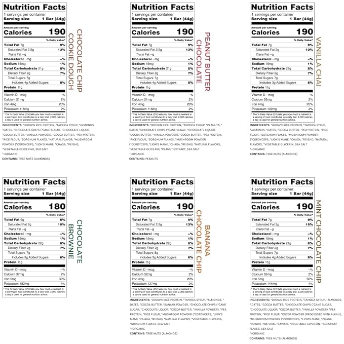 Organic Functional Mushroom Protein Bars | Made in USA | Full Dose (1500mg) Lions Mane, Chaga, Reishi & Cordyceps Bars | Vegan Protein Bars, Superfoods Protein Bars | 6 Bars Sampler Pack