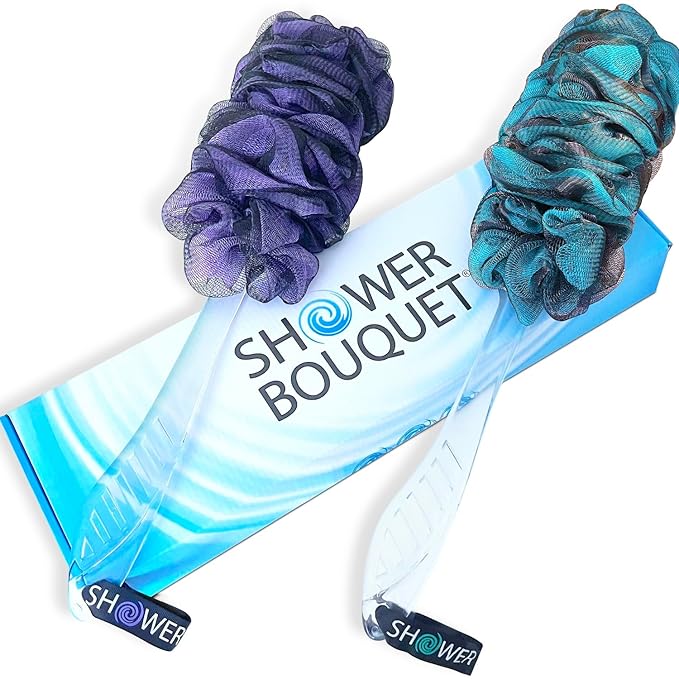 SHOWER BOUQUET Loofah-Charcoal Back-Scrubber Color-2-Pack // Long-Handle-Loofa-Lufa Bath-Sponge Brush/Extra Large Soft Mesh for Men & Women - Exfoliate with Full Pure Cleanse in Bathing Accessories