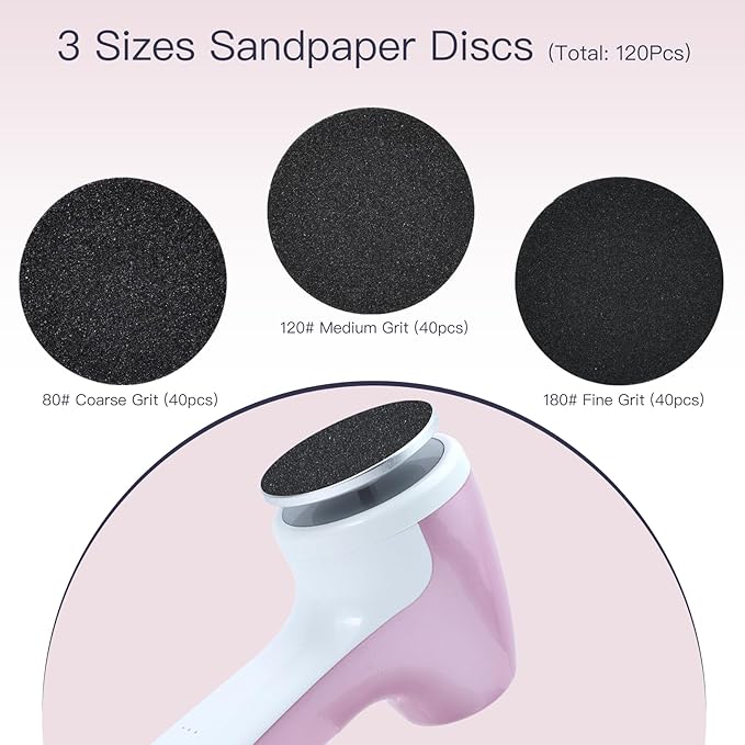 AprElm-E7 Rechargeable Electric Foot Callus Remover with 3-Sizes 120Pcs Sandpaper Discs, Professional 1000RPM 3-Speed Control Electric Foot File (Pink)