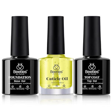 Beetles Gel Top Coat Base Coat and Cuticle Oil Set 3Pcs, No Wipe Top Gel Glossy Shine Long Lasting, Cuticle Oil Care for Dry Damaged for Stronger Nails Fall Nail Gifts For Girls