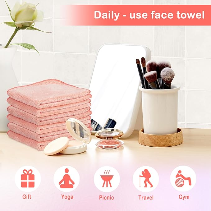 Nugilla Makeup Remover Cloth 12 x 12 Inch, Reusable Makeup Remover Towels for Washing Face, 6 Pack Washable Microfiber Face Cloth Fast Drying Washcloth, Brown/Coral/Green