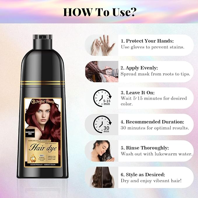 Hair Dye Shampoo 3-in-1 Vegan Color for Gray Hair - Ammonia-Free for Men & Women – Beard & Hair Coloring – Instant Gray Coverage Champú Para Canas Mujer & Hombre (BURGUNDY WINE RED)