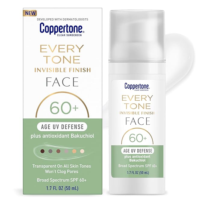 Coppertone Every Tone Invisible Finish Age UV Defense Face Sunscreen SPF 60+ with Bakuchiol, Lightweight, Blends in Clear Sunscreen for All Skin Tones, 1.7 Fl Oz Pump Bottle