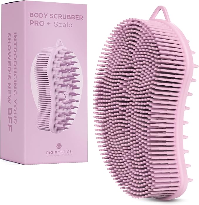 MainBasics Silicone Body Scrubber – Dual-Sided Shower & Scalp Scrubber, Gentle Silicone Loofah Alternative for Deep Clean (Pink, Scalp)