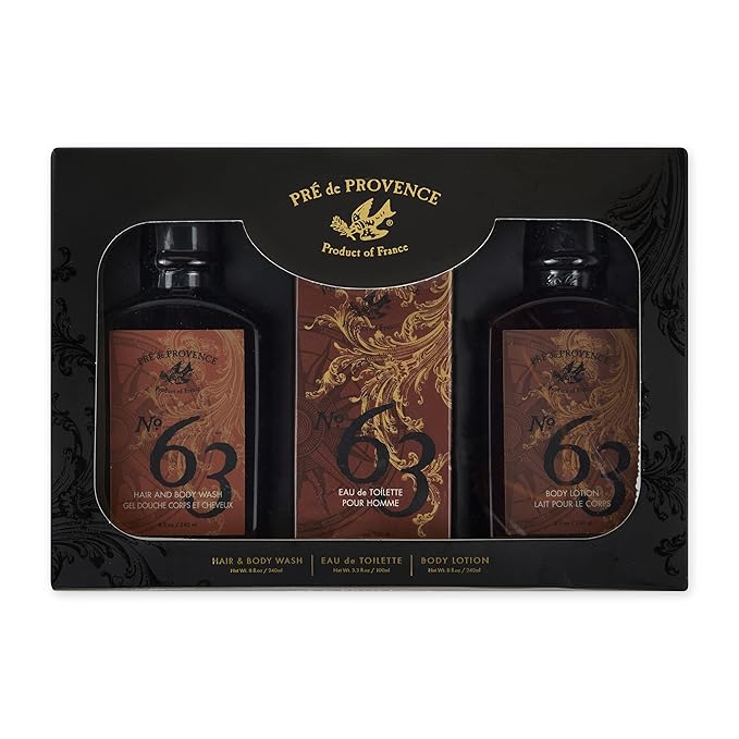 Pre de Provence No. 63 Men’s Gift Set – Shower Gel, Eau de Toilette & Body Lotion – 3-Piece Grooming Kit with Masculine Fragrance
