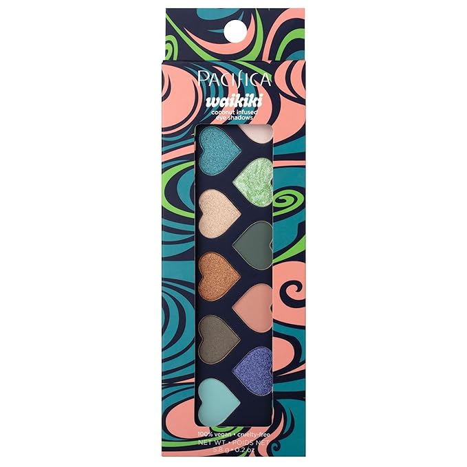 Pacifica Eyeshadow Palette – Waikiki Mineral Eyeshadow, Blendable Shimmer & Matte Shades w/Velvet Matte, Shimmer & Metallic, Cocoa Butter Infused, Talc-Free, Vegan & Cruelty-Free, 0.24 oz 10 Shades