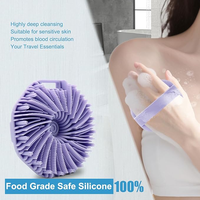 Silicone Body Scrubber，Exfoliating Body Scrubbers for use in Shower,Silicone Body Brush for Showering and Anti-Slippery Handles for All Skin Types (Purple)