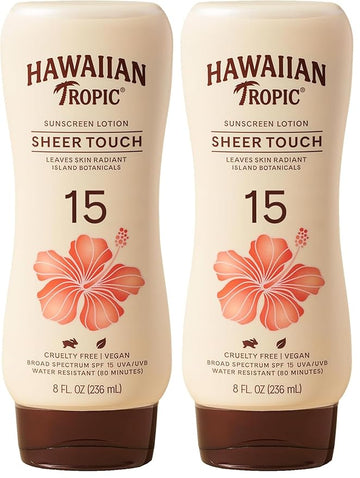 Hawaiian Tropic Sheer Touch Lotion Sunscreen SPF 15, 8oz | Hawaiian Tropic Sunscreen SPF 15, Sunblock, Broad Spectrum Sunscreen, Oxybenzone Free Sunscreen, Body Sunscreen SPF 15, 8oz (Pack of 2)
