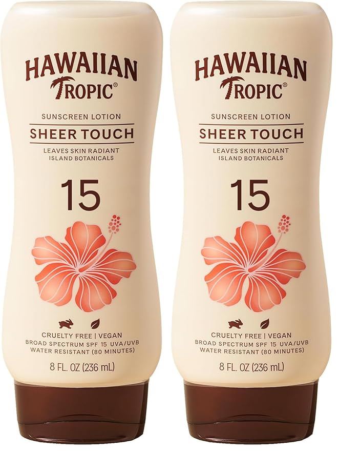 Hawaiian Tropic Sheer Touch Lotion Sunscreen SPF 15, 8oz | Hawaiian Tropic Sunscreen SPF 15, Sunblock, Broad Spectrum Sunscreen, Oxybenzone Free Sunscreen, Body Sunscreen SPF 15, 8oz (Pack of 2)