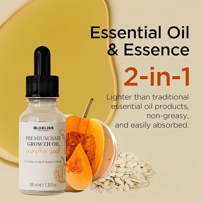 LUXLISS Pumpkin Seed Oil, 2-in-1 Formula Combining Essence and Essential Oil, Easily Absorbed, Non-greasy, Promotes Hair Growth, Deeply Moisturizes the Scalp - 3.38 fl oz