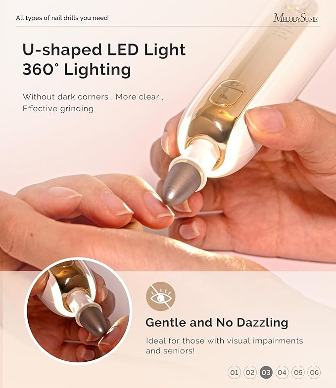 MelodySusie Professional Manicure Pedicure Kit,8-in-1 Electric Nail Drill Set with 5 Speeds,Rechargeable Cordless E-File with 360° LED Light,Perfect Hand Foot Care Trimmer Polish Tools - PC760G