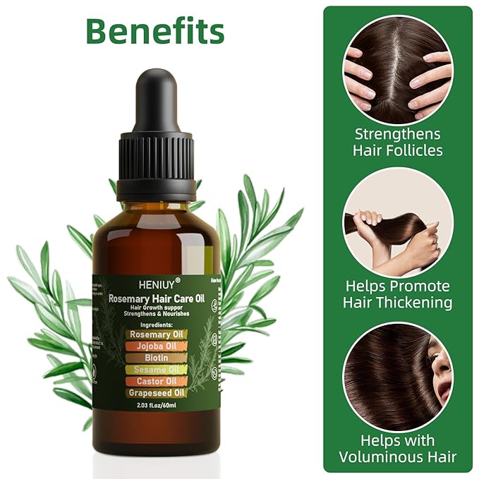 Pure Rosemary Oil Blended with Castor, Sesame, Jojoba and Grapeseed Oils to Promote Hair Growth, Biotin and Strengthen Hair, Dark Glass Bottle with Dropper 2Fl Oz