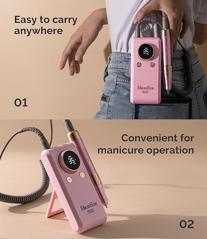 MelodySusie 2 in 1 Professional 35,000 RPM Nail Drill Kit, Coreless Rechargeable SM330G Electric Nail File, Cordless Portable Nail E File for Acrylic Gel Nails Polish Removal, Lightweight & Quiet Pink