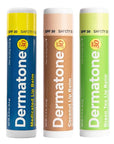 Dermatone Lip Balm Variety Pack | Moisturizing Lip Care Stocking Stuffer | Soothe & Replenish Chapped Lips | SPF 30 | Aloe, Tea Tree Oil | 3-Pack (Coconut, Green Tea, Original)
