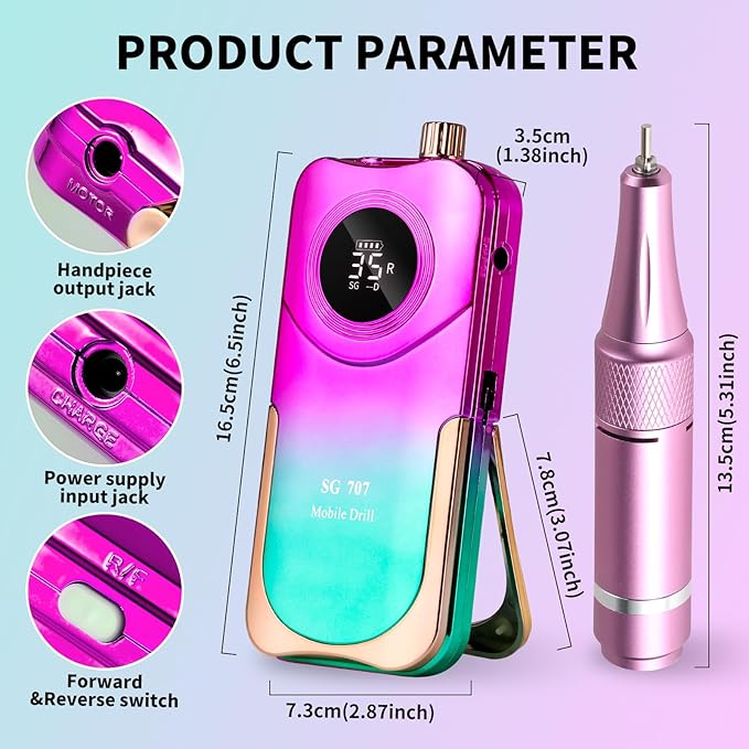 Portable Nail Drill Cordless,35000 RPM Electric Nail File with Holder,Rechargeable Nail Drill E Filer for Nails,Electric Nail Buffer Nail Dremel Tool for Women (Gradient Purple Green)