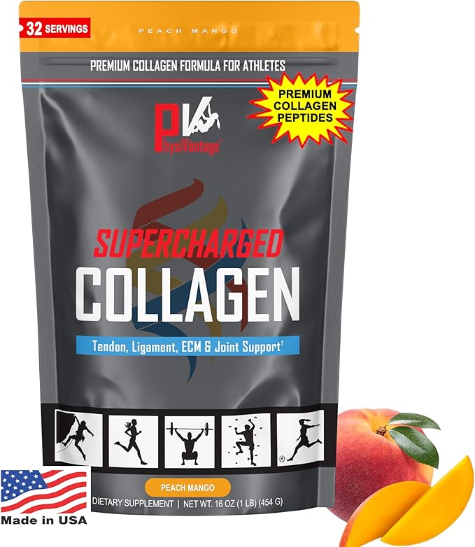 PhysiVantage Supercharged Collagen Peptides Powder - Hydrolyzed Collagen for Joint, Tendon, Ligament, & Skin Health Support - Peach Mango, Keto, Paleo, 16oz | Enhanced with Vitamin C, BCAAs, Grass-Fed