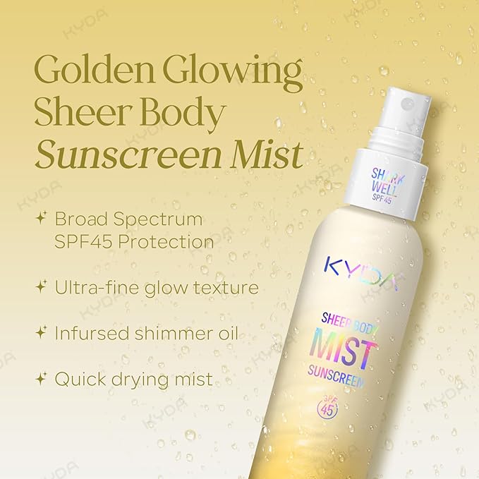 KYDA Sheer Body Sunscreen Mist, SPF 45, Radiant Glow Sunscreen Spray, Infused with Shimmer Body Oil, Ultra-fine Glowing Mist, Quick Drying, Lightweight Hydrating Spray, 4.06 fl oz, GOLD