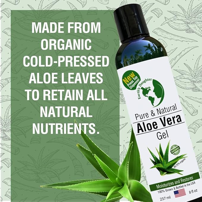 Earth's Daughter Organic Aloe Vera Gel from Fresh Cut 100% Pure Organic Aloe leaves – Fast Absorbing for Face, Skin, Hair & Body – Vegan, Unscented, Natural - 8 Oz USA Made