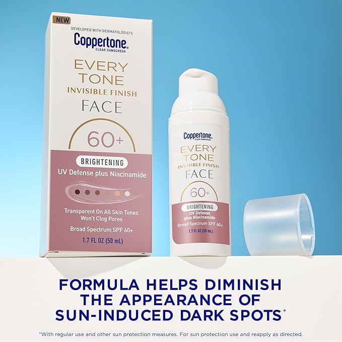 Coppertone Every Tone Invisible Finish Brightening UV Defense Face Sunscreen SPF 60+ with Niacinamide, Lightweight, Blends in Clear Sunscreen for All Skin Tones, 1.7 Fl Oz Pump Bottle
