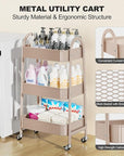 EAGMAK 3 Tier Rolling Cart, Large Metal Storage Cart with Handle and Lockable Wheels, Big Multifunctional Storage Organizer Trolley with Mesh Baskets for Kitchen, Living Room, Office, Garage (Beige)