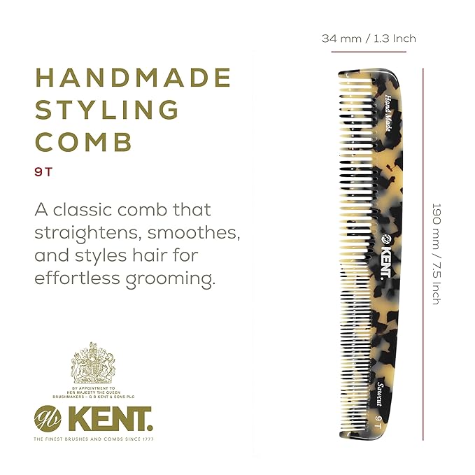 Kent 9T Fine Tooth and Wide Tooth Detangler Comb - Large Handmade Saw-Cut Dressing Comb for Wet Hair and Durable Grooming for Men and Women - Made in England