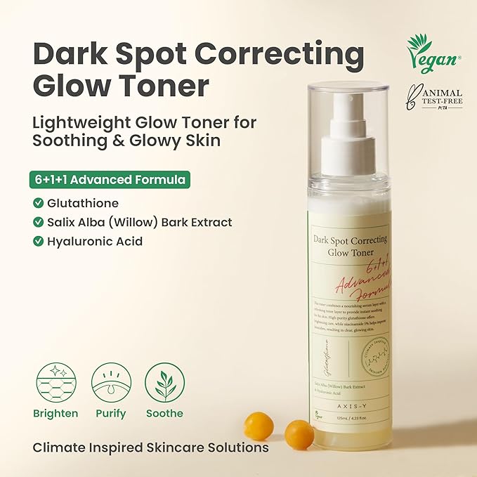 AXIS-Y Dark Spot Correcting Glow Toner - Brightening & Hydrating with 5% Niacinamide, Glutathione & Hyaluronic Acid - Vegan Korean Skin Care Exfoliator Face Toner for All Skin Types - 4.22 fl. oz.